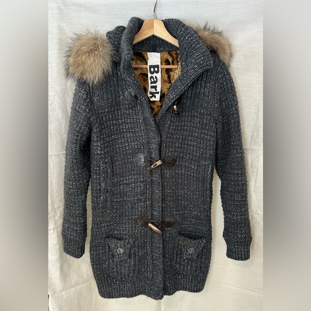 Bark Gray Metallic Hooded Jacket with Fur Trim Leopard Lining and Toggle Closure